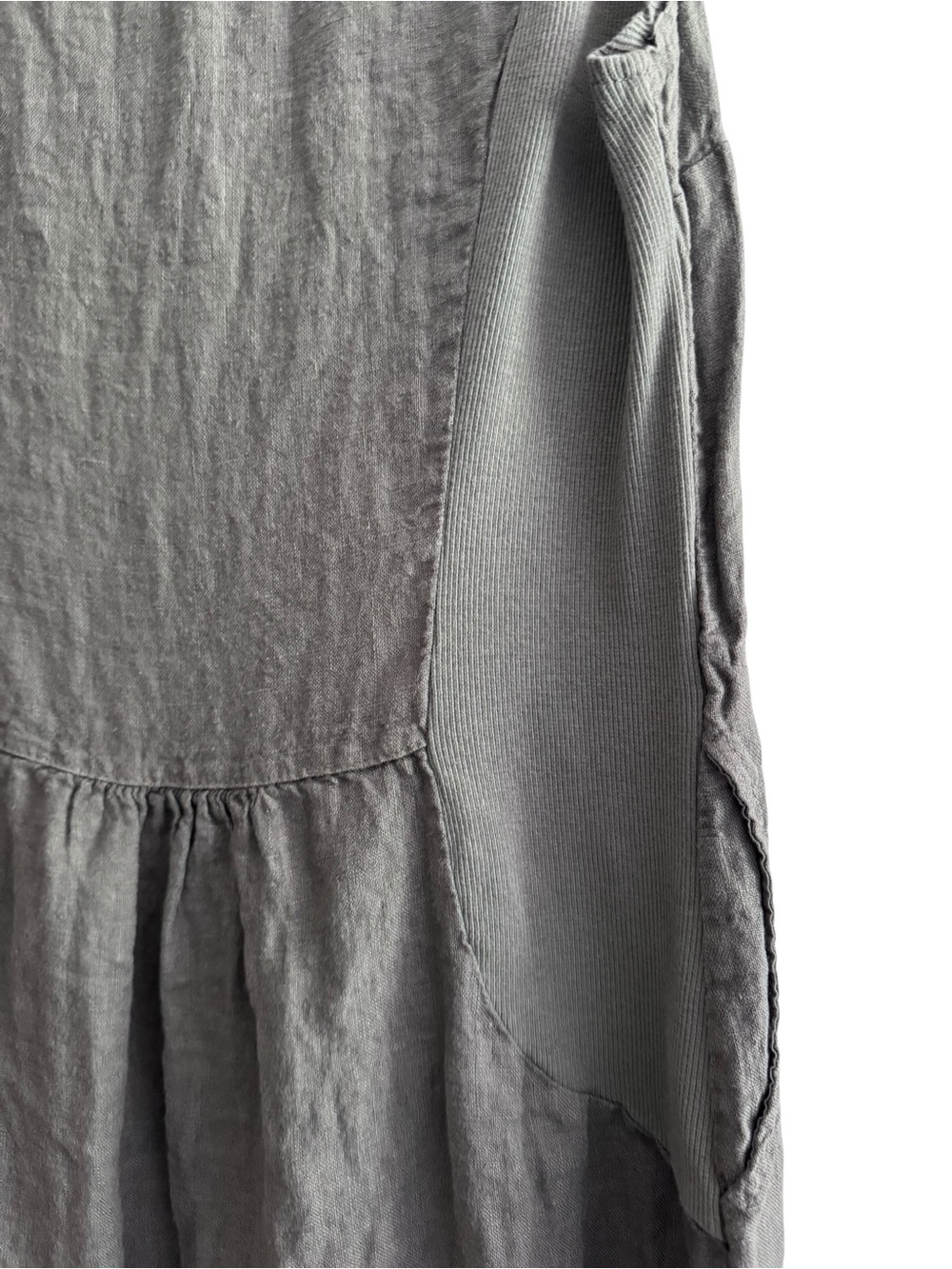 Lina Tomei Italian Linen Dress SZ M Gray Sleeveless Ruffle Shoulder Shift Dress - Picture 11 of 13